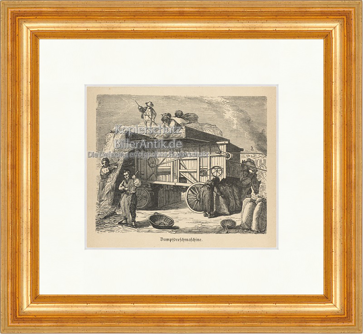 Dampfdreschmaschine Getreide Ernte Dreschflegel Bauern Holzstich E 20061 Gerahmt