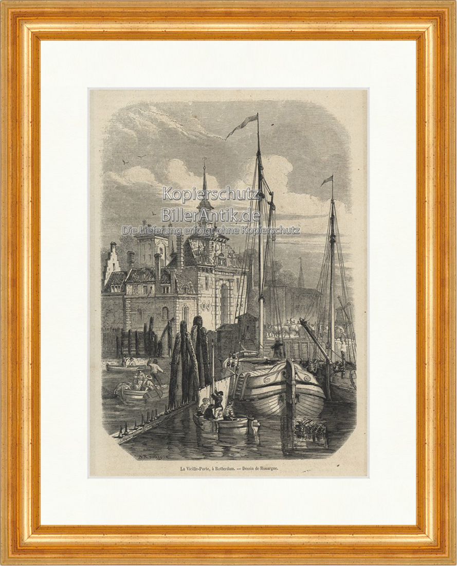 La Vieille Porte a Rotterdam Tor Holland Bootsstaffage Holzstich E 20079 Gerahmt
