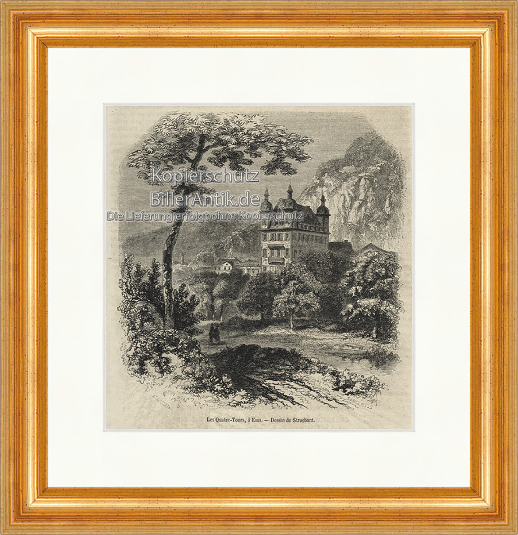 Les Quatre Tours a Ems Vier Türme Tour Wanderung Holzstich E 20103 Gerahmt