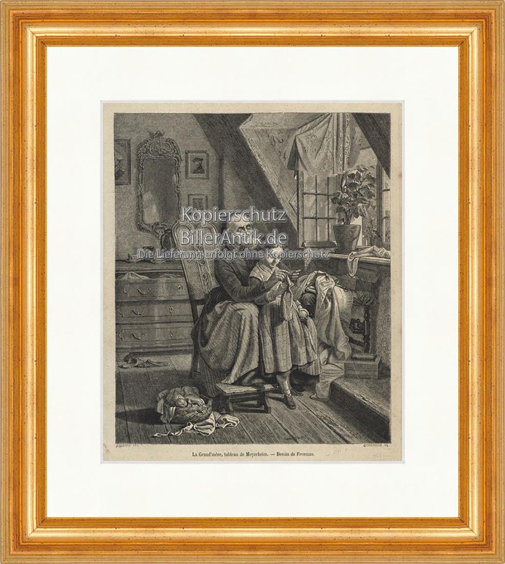 La Grandmere tableau de Meyerheim Stricken Enkelin Holzstich E 20105 Gerahmt