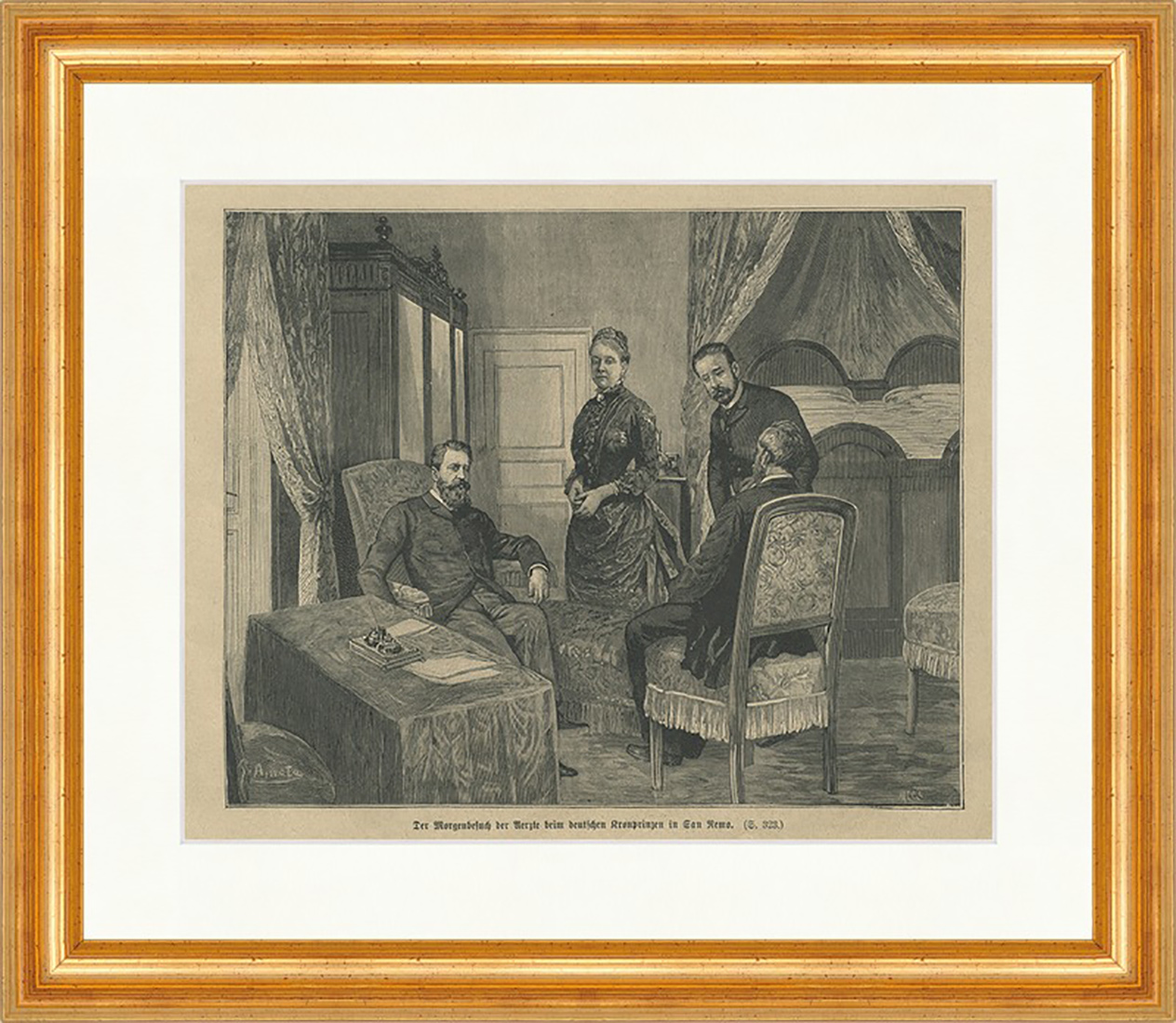 Morgenbesuch der Ärzte beim deutschen Kronprinzen Holzstich E 22606 Gerahmt