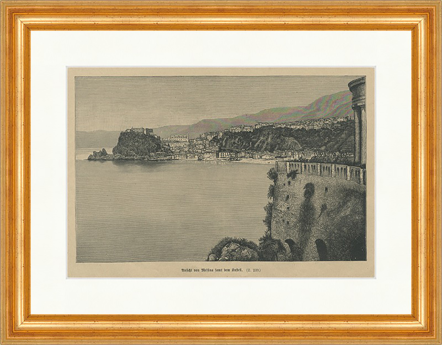 Ansicht von Messina samt dem Kastell Sizilien Seehafen Holzstich E 22611 Gerahmt