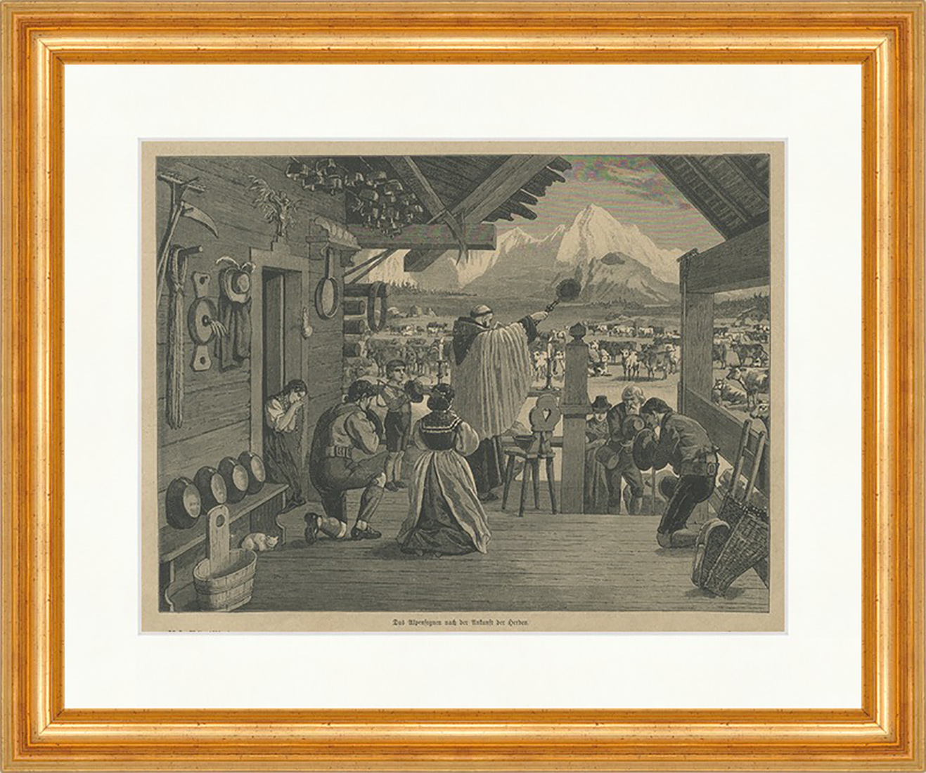 Alpensegnen nach der Ankunft der Herden Messe Bauern Holzstich E 22637 Gerahmt