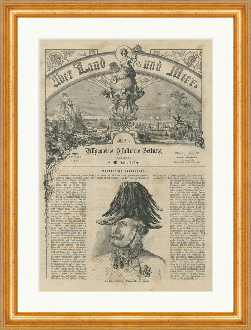 Feldzeugmeister Graf Gyulai Krieg Italien Sardinien Holzstich E 22641 Gerahmt