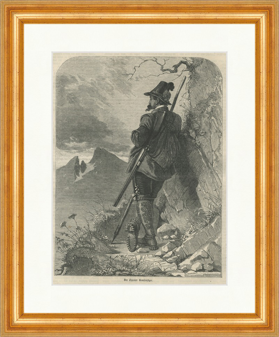 Tyroler Gemsenjäger Österreicher Gebirge Gamsbart Holzstich E 22656 Gerahmt