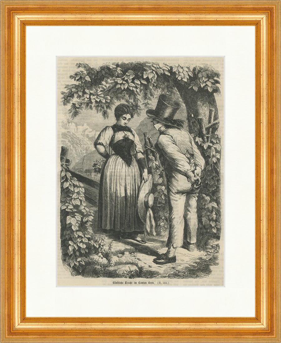Ländliche Tracht im Canton Bern Schweiz Alpen Strohhut Holzstich E 22667 Gerahmt
