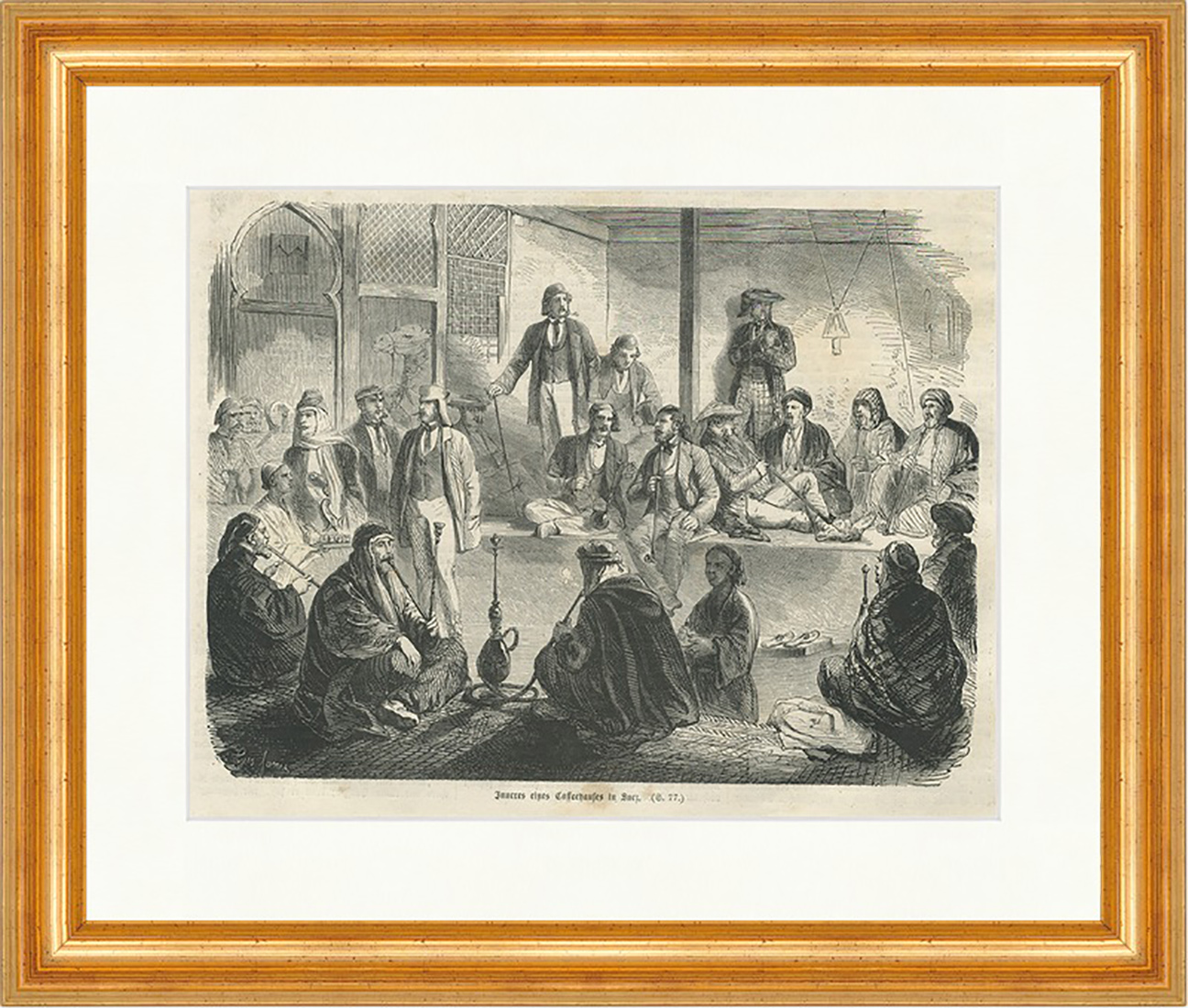 Inneres eines Caffeehauses in Suez Ägypten Shisha Holzstich E 22671 Gerahmt
