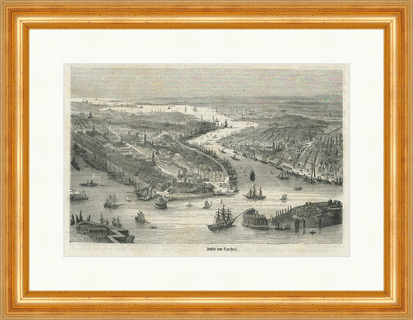 Ansicht von New York USA Hudson East River Schifffahrt Holzstich E 22681 Gerahmt