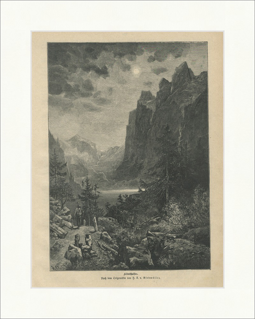 Klönthalsee Riedmüller Glarus Schweiz Gebirge Stausee Holzstich E 22789