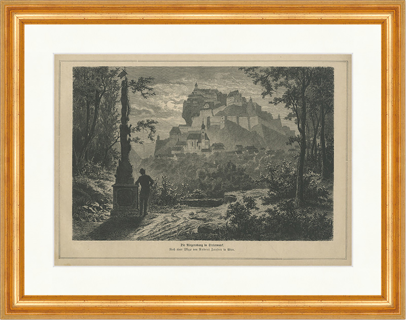 Riegersburg in Steiermark Zander Höhenburg Greifvogel Holzstich E 24564 Gerahmt