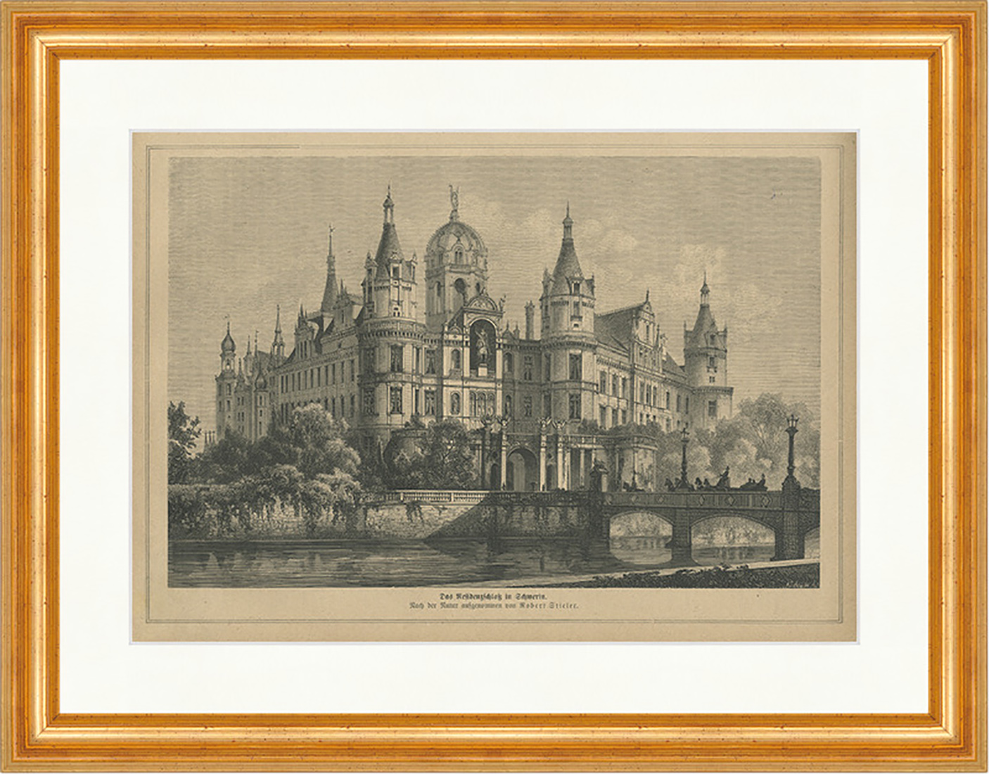 Residenzschloß in Schwerin. Stieler Wasserschloss Holzstich E 24566 Gerahmt