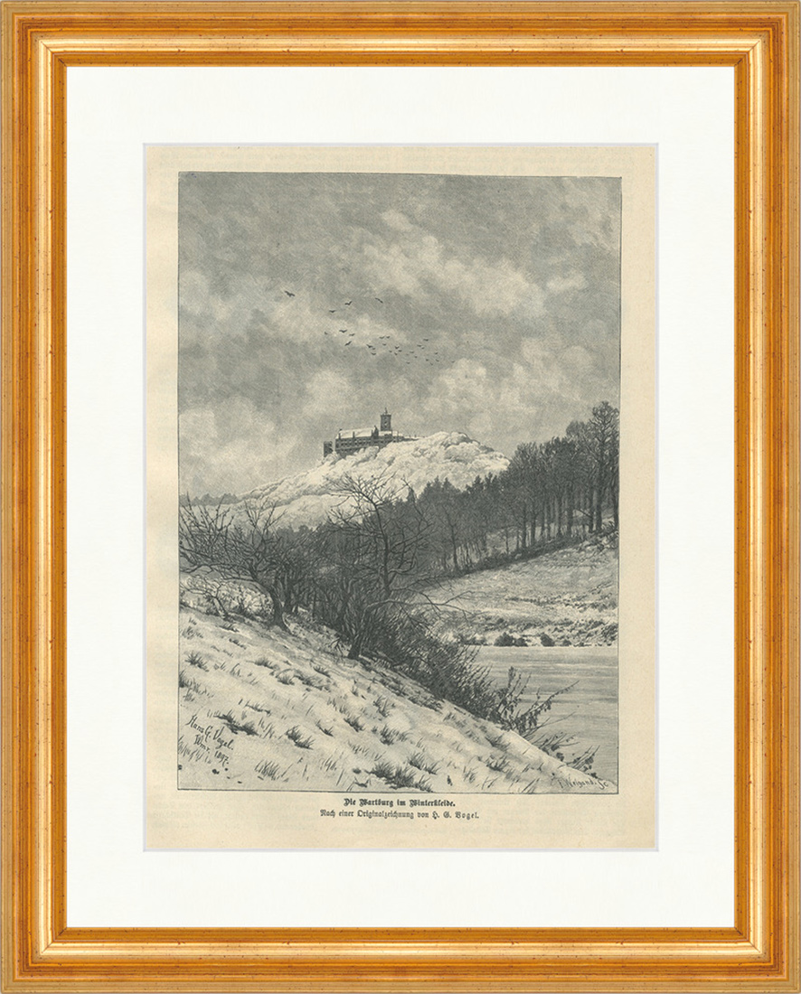 Die Wartburg im Winterkleide Weigand Vogel Eisenach Holzstich E 24590 Gerahmt