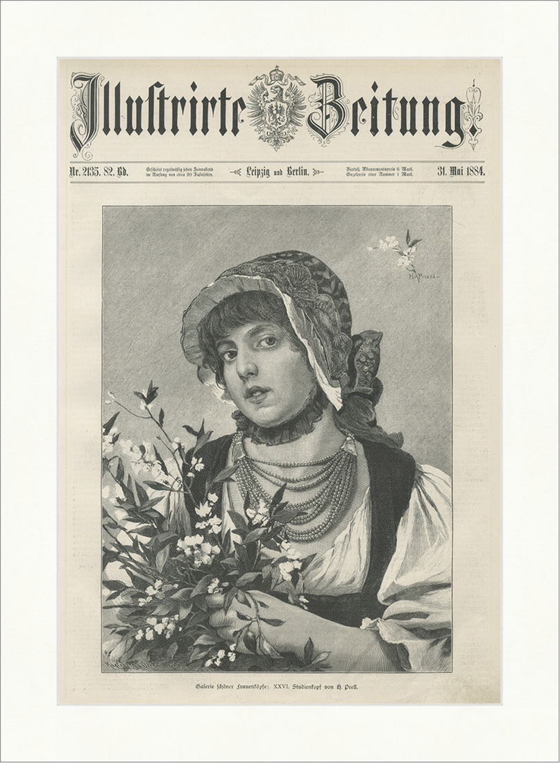 Galerie schöner Frauenköpfe: Studienkopf von H. Prell Mädchen Holzstich E 25397