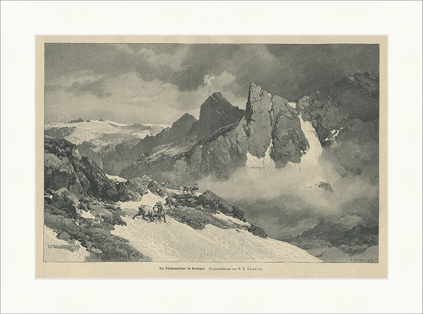 Die Dyrhongstinder in Norwegen Compton Rentiere Herde Holzstich E 25435