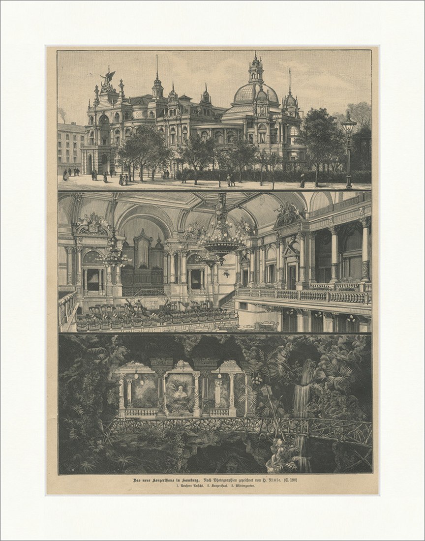 Das neue Konzerthaus in Hamburg Nisle Wintergarten Konzertsaal Holzstich E 25563