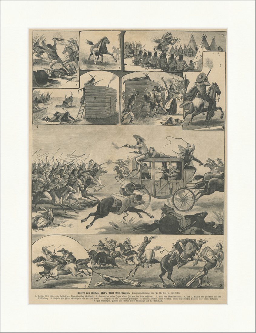 Bilder von Buffalo Bills Wild West Truppe Siouxhäuptling Skalp Holzstich E 25573