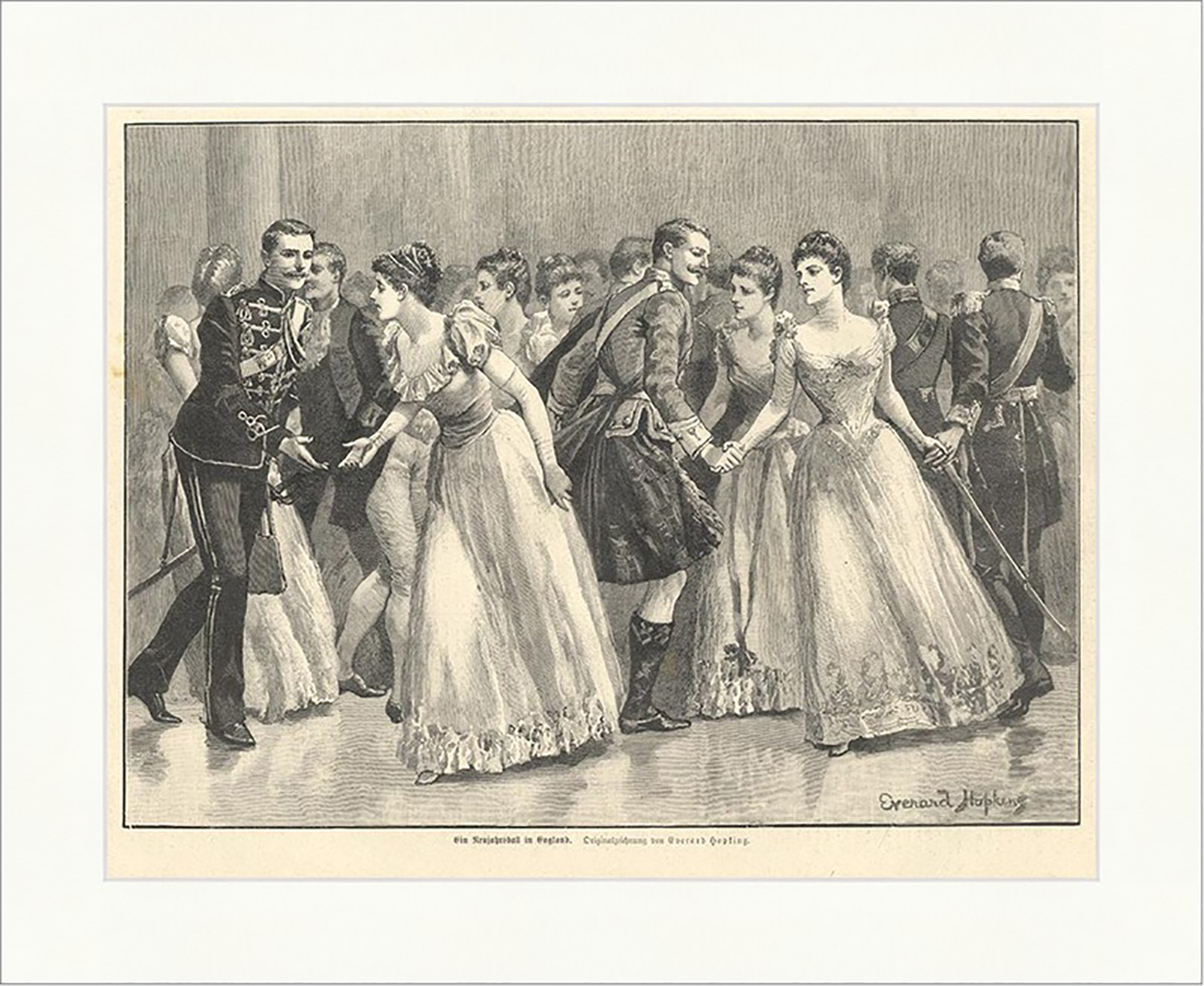 Ein Neujahrsball in England Ballkleid Tanzen Unfiorm Säbel Saal Holzstich E 4869
