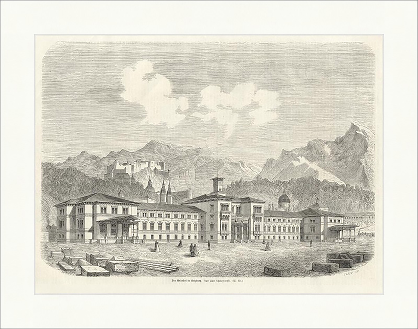 Der Bahnhof in Salzburg K&K Österreich Berge Steinblöcke Türme Holzstich E 5787