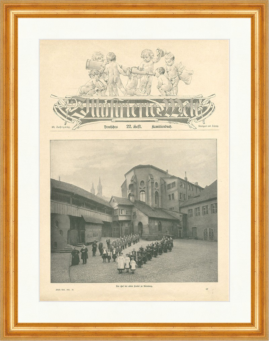 Der Hof der alten Findel zu Nürberg Bayern Kirche Kreuz Holzstich E 9749 Gerahmt