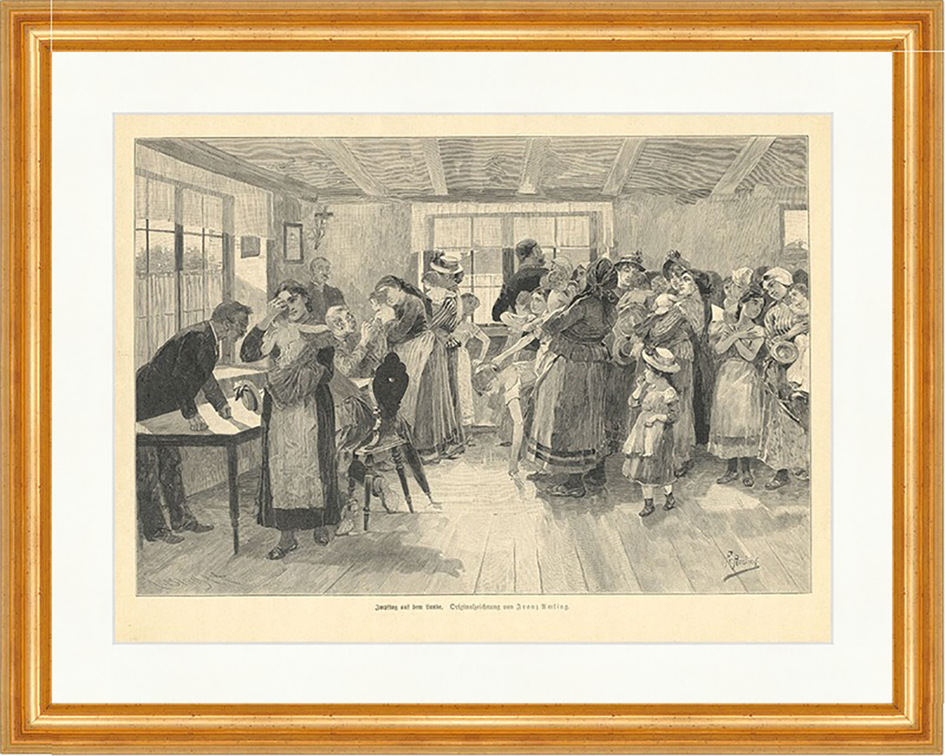Impftag auf dem Lande Franz Amling Medizin Kinder Arzt Holzstich E 9767 Gerahmt