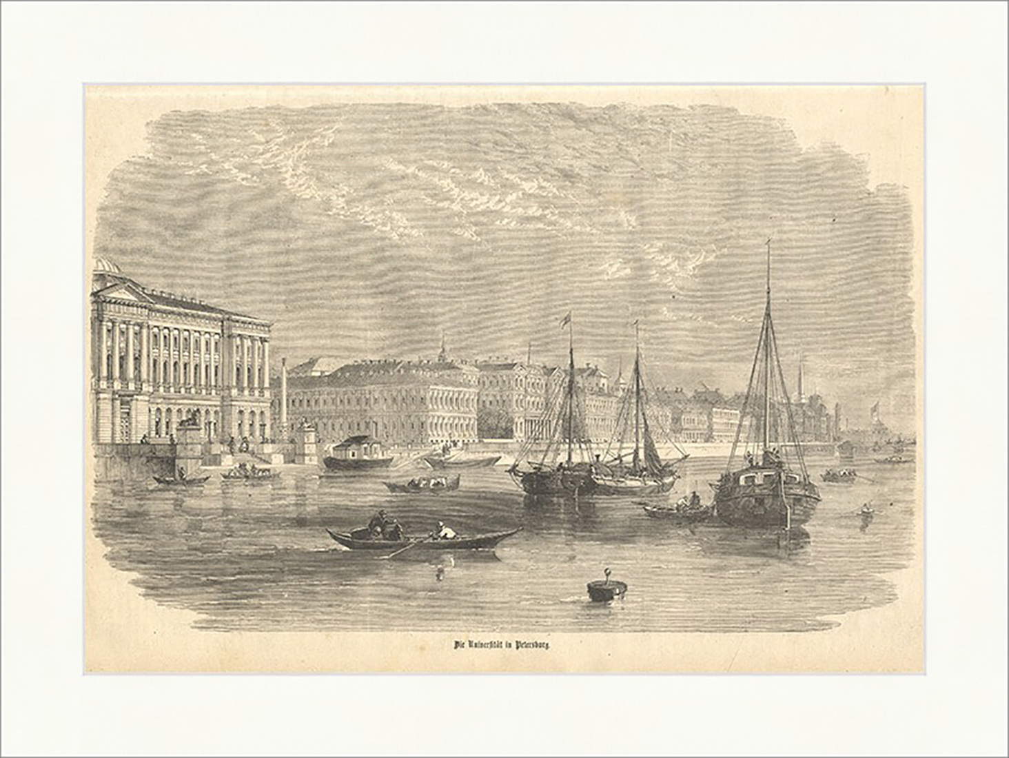 Die Universität in Petersburg Sankt Rußland Schiffe Boote Stadt Holzstich E 9820