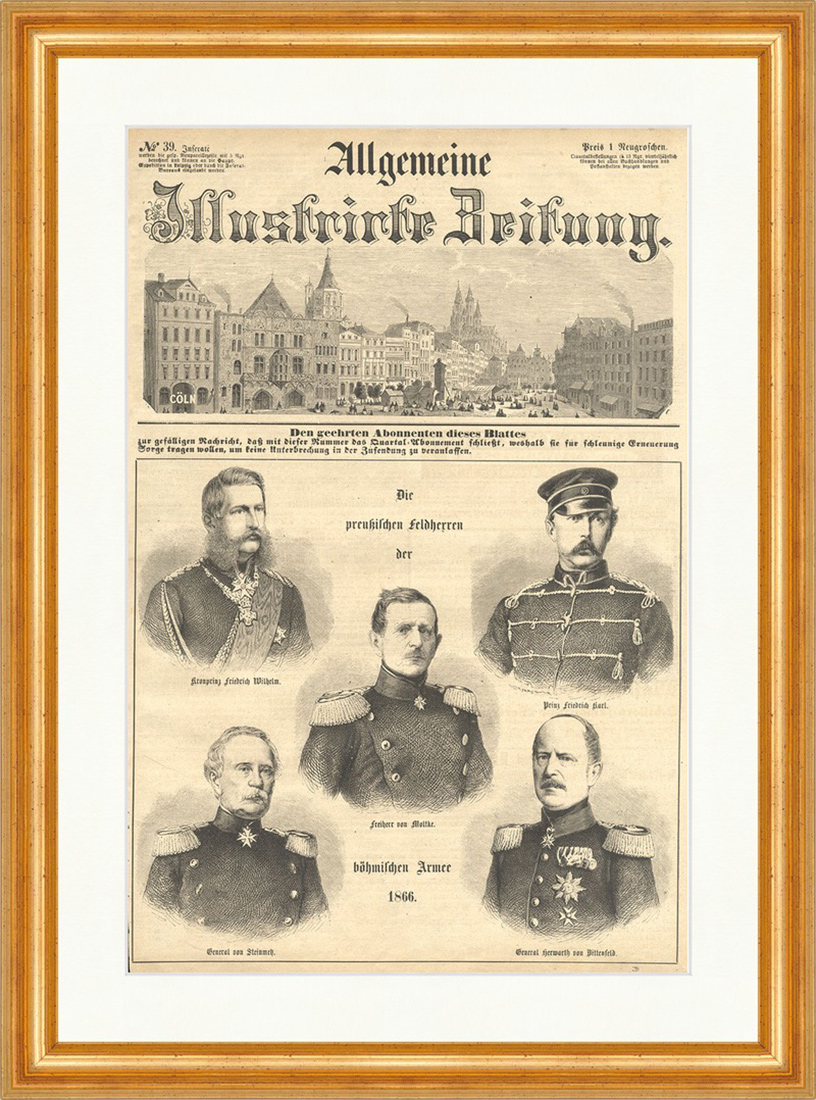 Die preußischen Feldherren der böhmischen Armee 1866 Holzstich E 9856 Gerahmt