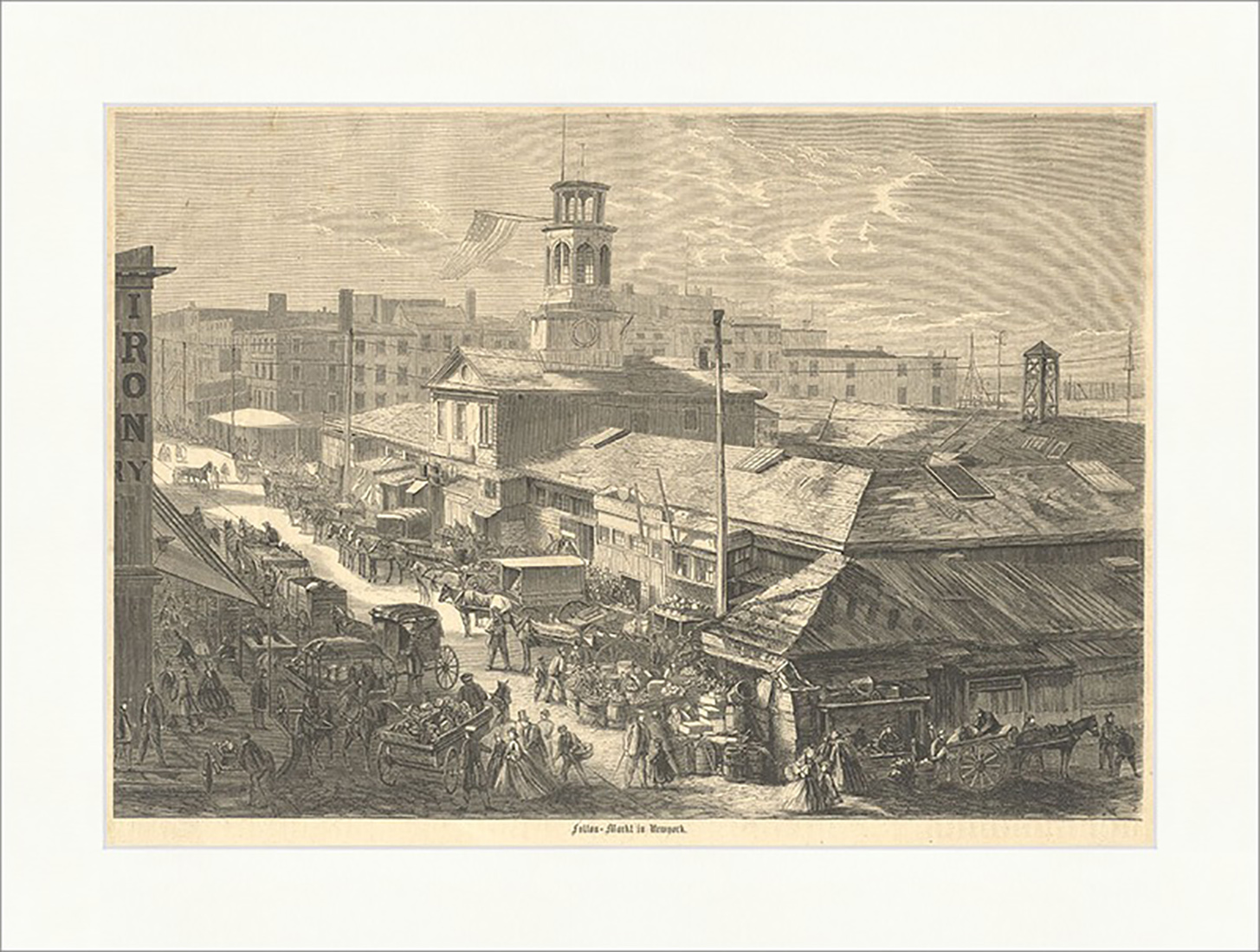 Fulton Markt in Newyork USA Amerika Händler Stände Flagge Hafen Holzstich E 9858