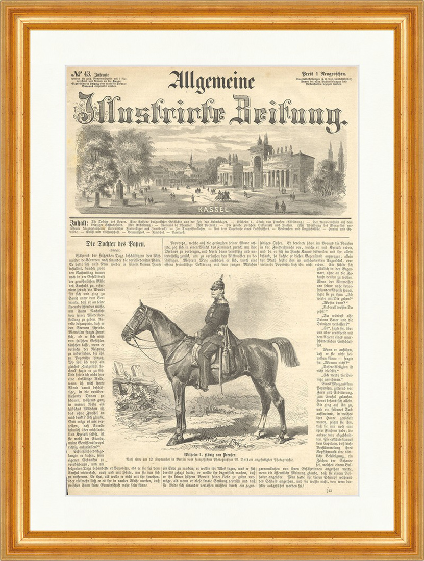 Wilhelm I., König von Preußen Deutsches Reich zu Pferd Holzstich E 9867 Gerahmt