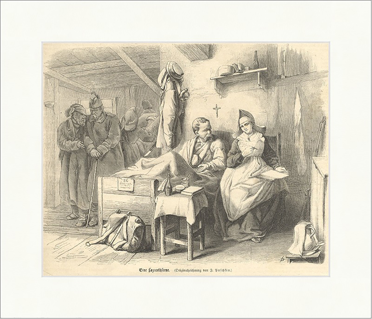 Eine Lazarettscene Puschkin Krankenbett Schwester Kreuz Nonne Holzstich E 9875