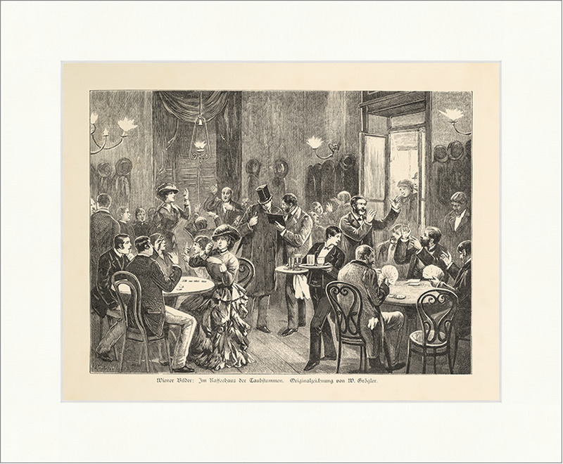 Wiener Bilder Im Kaffeehaus der Taubstummen Grögler Gebärden Holzstich E 14174