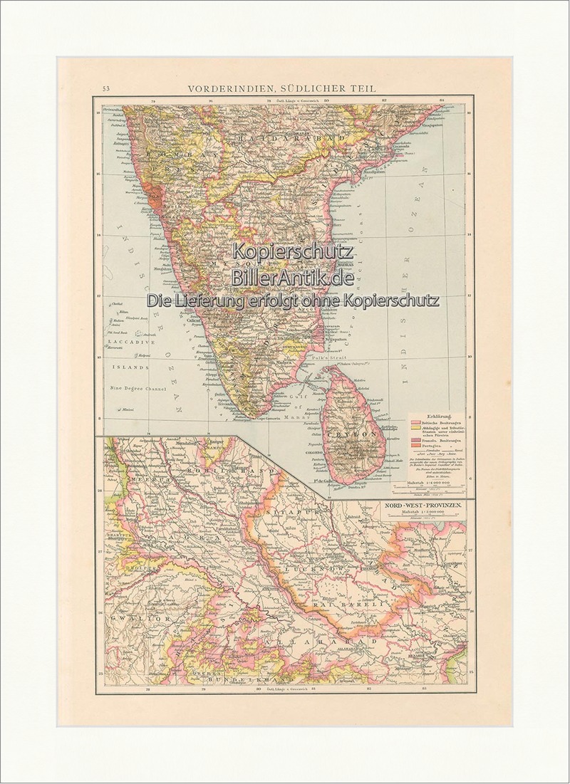 Karte von Vorderindien Südlicher Teil Ceylon Bombay Indischer Ozean RAH